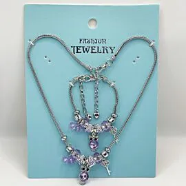 Adjustable Stainless Steel Charm Bracelet and Necklace with Purple Gemstone Owl Design