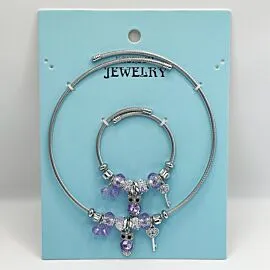 Stainless Steel Charm Bracelet and Necklace Set - Rhinestone Purple Owl 