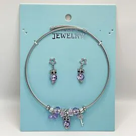Stainless Steel Charm Necklace and Earrings Set - Rhinestone Purple Owl