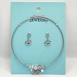 Stainless Steel Charm Necklace and Earrings Set - Pink Protective Eyes