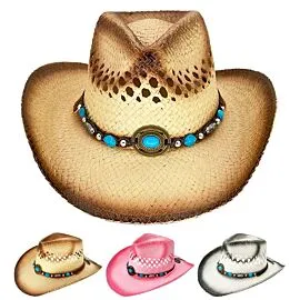 Bulk Cowboy Hats - Raffia Paper Turquoise Beaded Cowgirl Hats