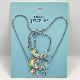 Adjustable Stainless Steel Charm Bracelet and Necklace with Rainbow Beads and Unicorn