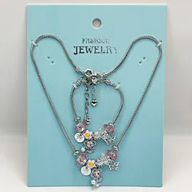 Adjustable Stainless Steel Charm Bracelet and Necklace with Pink Rhinestone Rose