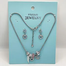 Adjustable Stainless Steel Charm Necklace and Earrings with Rhinestone Heart Design