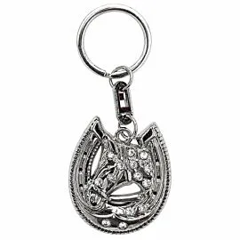 Rhinestone Horseshoe Horse Head Keychain - Silver-Tone Lucky Western Cowgirl Charm