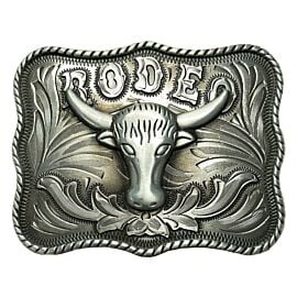 Rodeo bull silver design with floral background belt buckle