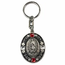 Virgen de Guadalupe Oval Medallion Keychain - Red Crystal Antiqued Silver-Tone Religious Charm