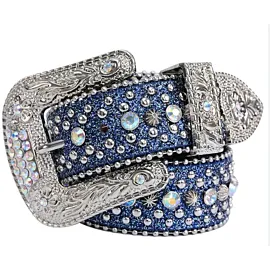 Blue Glitter Rhinestone Belt - AB Iridescent Crystal Engraved Silver-Tone Buckle Bling Cowgirl Western Belt