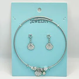 Stainless Steel Charm Necklace and Earrings Set - Silver Sea Clam Shell
