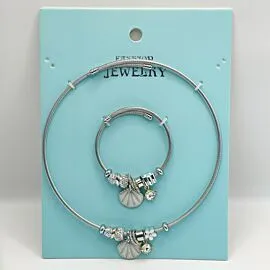 Stainless Steel Charm Necklace and Bracelet Set - Sea Shell and Pearls