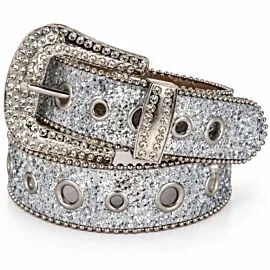 Silver Glitter Rhinestone Belt - Clear Crystal Silver-Tone Pavé Buckle Beaded Edge Bling Cowgirl Western Belt