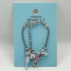 Stainless Steel Charm Bracelet with Rhinestone Heart Design - Adjustable