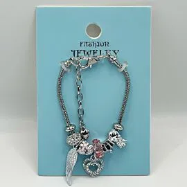 Stainless Steel Charm Bracelet with Rhinestone Heart Design - Adjustable