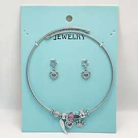 Stainless Steel Charm Earrings and Necklace Set - Rhinestone Heart and Crown
