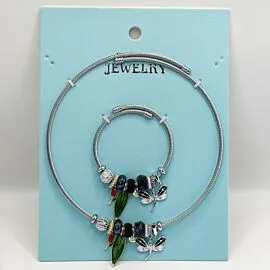 Stainless Steel Charm Bracelet and Necklace Set - Leaf and Butterfly