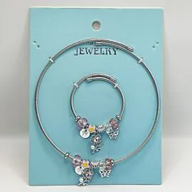 Stainless Steel Charm Bracelet and Necklace Set - Rhinestone Pink Rose