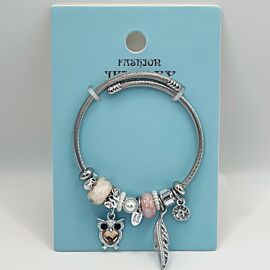Stainless Steel Charm Bracelet with Cute Owl Gemstone Design