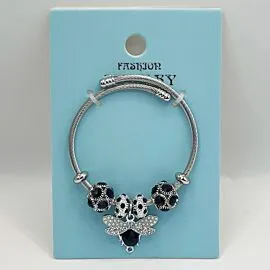 Stainless Steel Charm Bracelet with Dark Ladybug and Beads Design