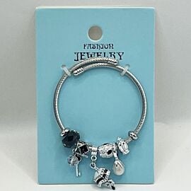 Stainless Steel Charm Bracelet with Dark Rhinestone Gemstones Design
