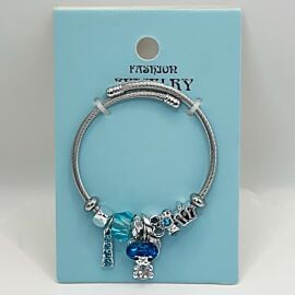 Stainless Steel Charm Bracelet with Blue Gemstones Design