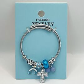 Stainless Steel Charm Bracelet with Rhinestone Cross Design