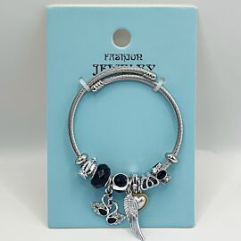 Stainless Steel Charm Bracelet with Black Beads and Swan Design