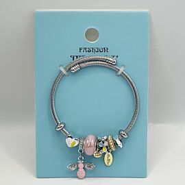 Stainless Steel Charm Bracelet with Pink Queen Bee Design