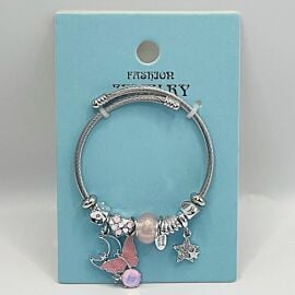 Stainless Steel Charm Bracelet with Pink Gemstone and Butterfly Design