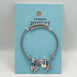 Stainless Steel Charm Bracelet with Pink Elephant Design