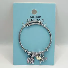 Stainless Steel Charm Bracelet with Pink Elephant Design