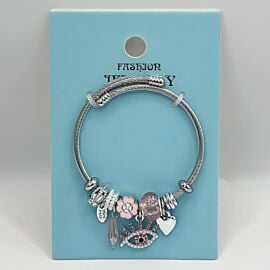 Stainless Steel Charm Bracelet with Pink Protective Eye Design