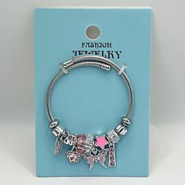 Stainless Steel Charm Bracelet with Pink Rhinestone Butterfly Design