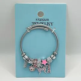 Stainless Steel Charm Bracelet with Pink Rhinestone Butterfly Design