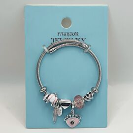 Stainless Steel Charm Bracelet with Pink Gemstones Design