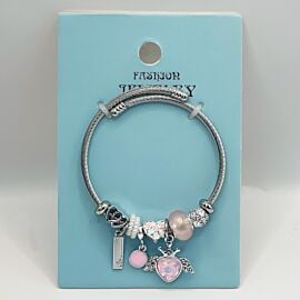Stainless Steel Charm Bracelet with Cute Pink Gemstones Design