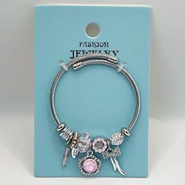 Stainless Steel Charm Bracelet with Pink Rhinestone and Pearl Design