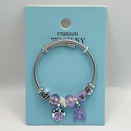 Stainless Steel Charm Bracelet with Purple Heart and Bear Design
