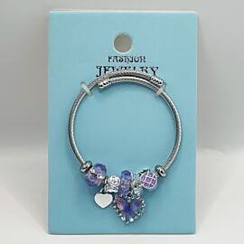 Stainless Steel Charm Bracelet with Purple Rhinestone Butterfly Design
