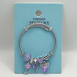 Stainless Steel Charm Bracelet with Purple Gemstones Design