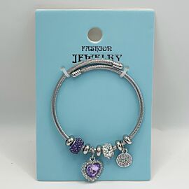 Stainless Steel Charm Bracelet with Rhinestone Purple Heart Design