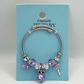 Stainless Steel Charm Bracelet with Purple Owl Design