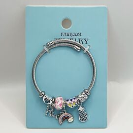 Stainless Steel Charm Bracelet with Heart and Rainbow Cloud Design