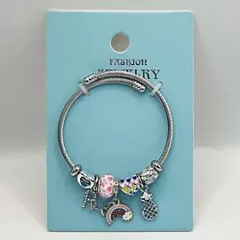 Stainless Steel Charm Bracelet with Heart and Rainbow Cloud Design