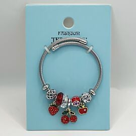 Stainless Steel Charm Bracelet with Red Cherry and Fruit Design