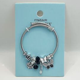 Stainless Steel Charm Bracelet with Rhinestone Heart and Butterfly Design
