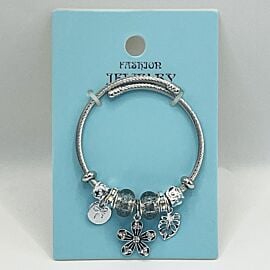 Stainless Steel Charm Bracelet with Dark Rhinestone Flower Design