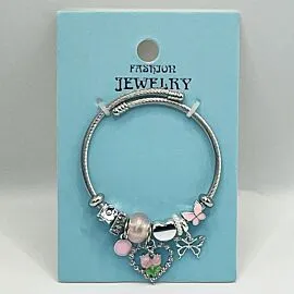 Stainless Steel Charm Bracelet with Rhinestone Heart Design