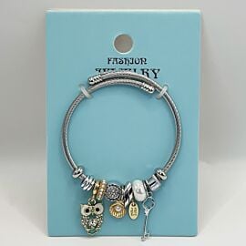 Stainless Steel Charm Bracelet with Golden Owl Design