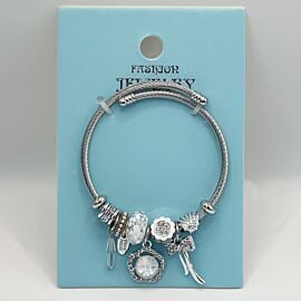 Stainless Steel Charm Bracelet with Rhinestone Pearl Design