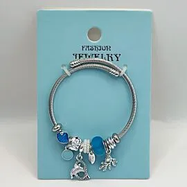 Stainless Steel Charm Bracelet with Blue Rhinestone Dolphin Design